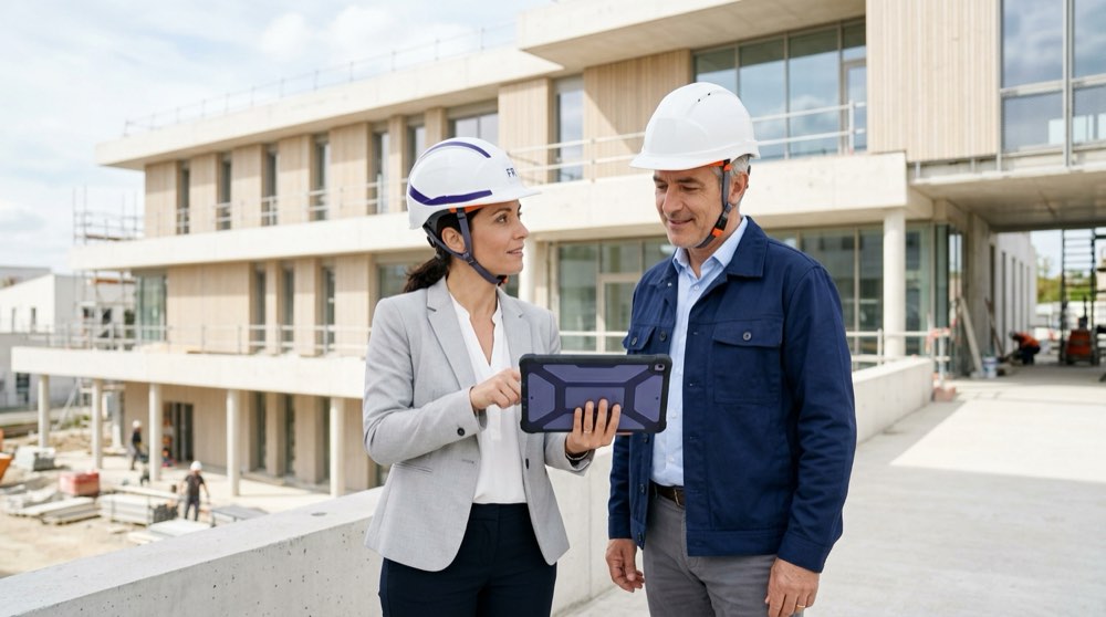 AMO et maître d'œuvre en réunion de suivi de chantier, contrôle de l'avancement sur tablette