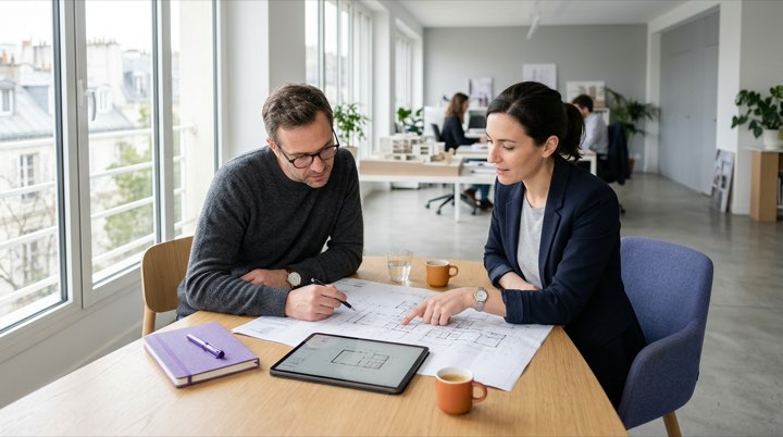 Assistance à maîtrise d'ouvrage : un conseiller AMO et son client analysent les plans d'un chantier en agence