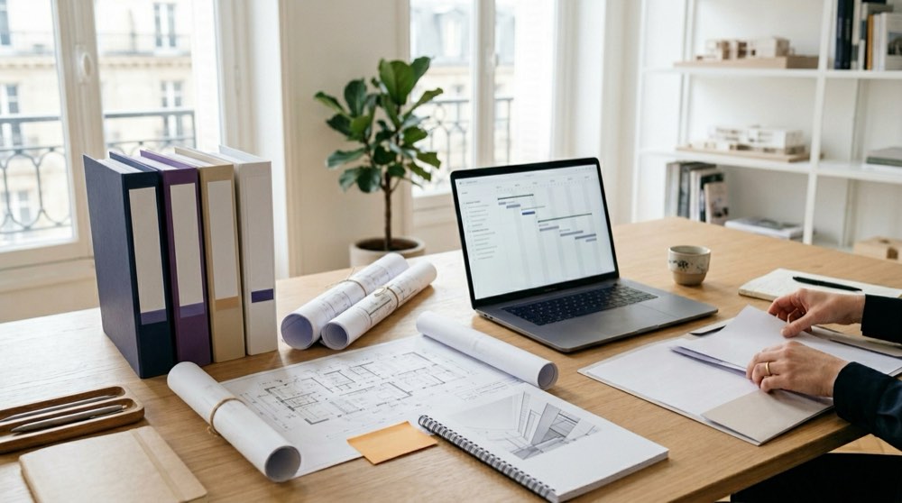 Missions de l'AMO phase par phase : dossiers, plans et études de projet organisés sur le bureau d'un conseiller