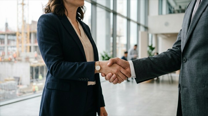 Poignée de main de validation d'une caution bancaire en retenue de garantie dans un bureau de maître d'œuvre