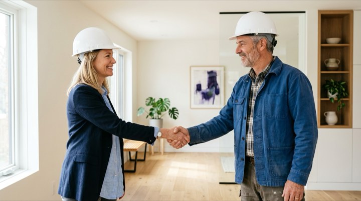 Maître d'œuvre et entreprise se serrant la main à la clôture d'un chantier, décompte général définitif validé