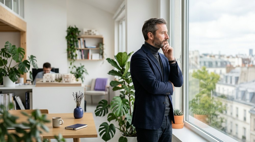 Deux professionnels sur le balcon d'un bâtiment livré, point d'avancement avant le décompte général définitif