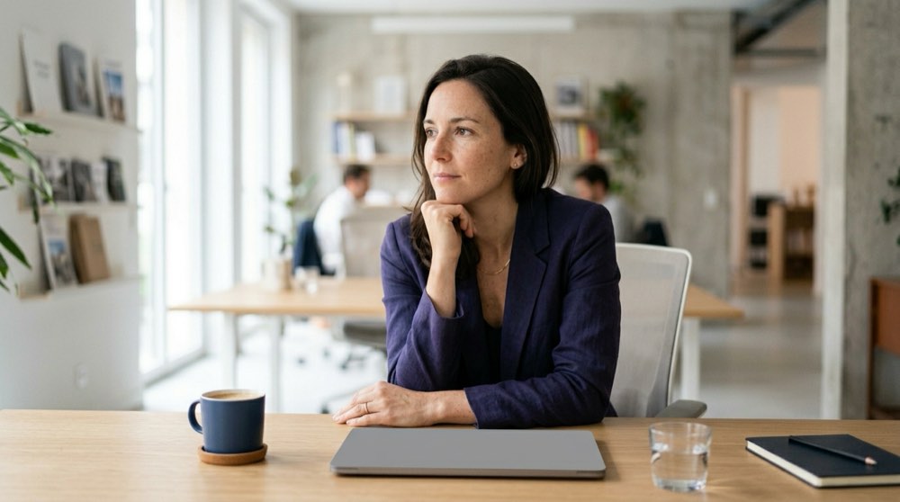 Économiste de la construction concentré à son bureau lumineux, réfléchissant à la mécanique financière post-signature