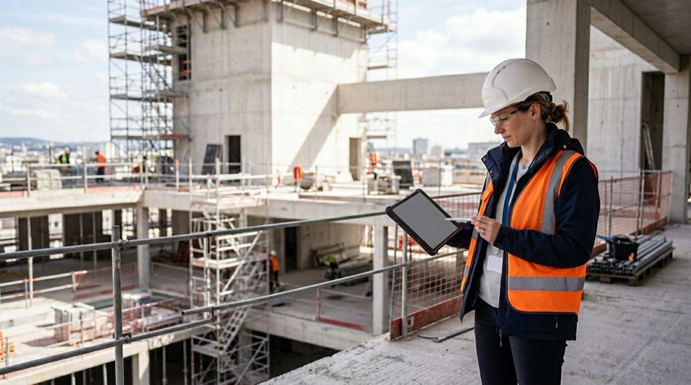 Économiste contrôlant l'avancement d'un chantier sur tablette devant une structure en construction