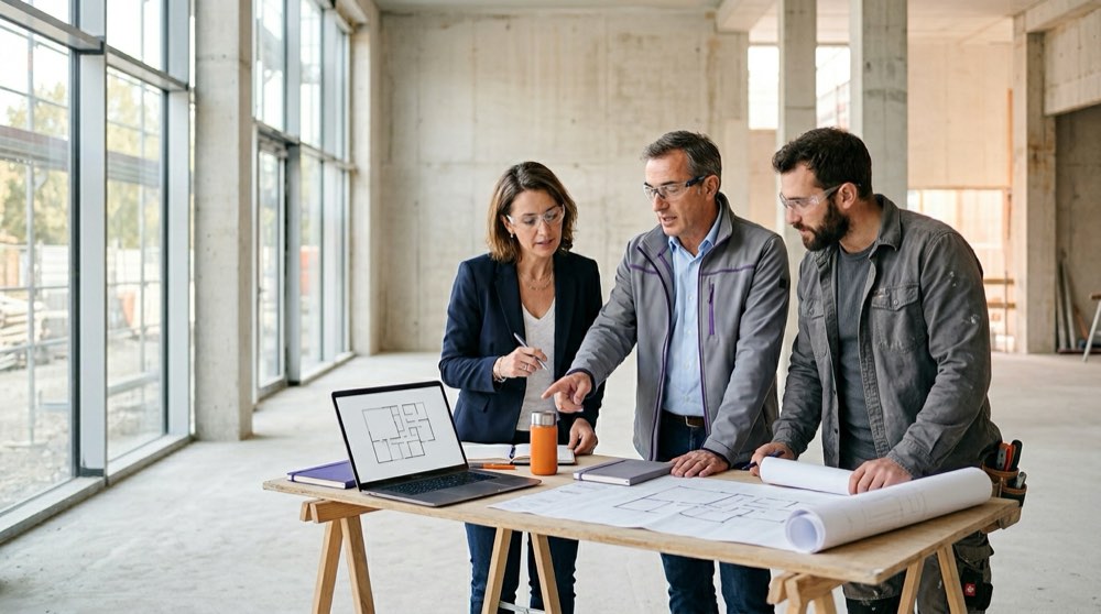 Réunion de chantier entre maître d'œuvre, maître d'ouvrage et entreprise autour des plans et d'un ordinateur portable
