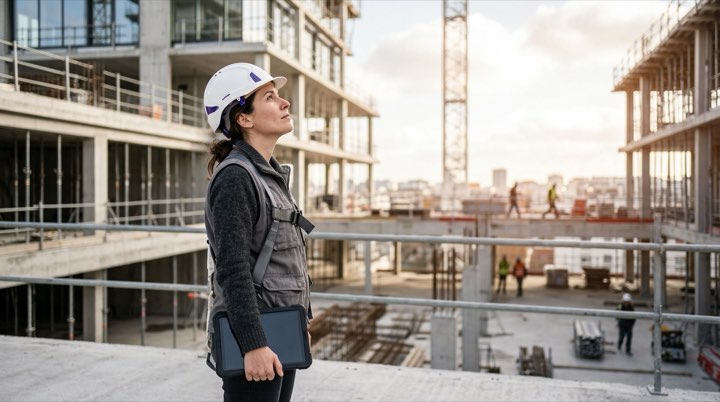 Maître d'œuvre en visite de chantier évaluant l'avancement, tablette de logiciel suivi de chantier maîtrise d'œuvre à la main