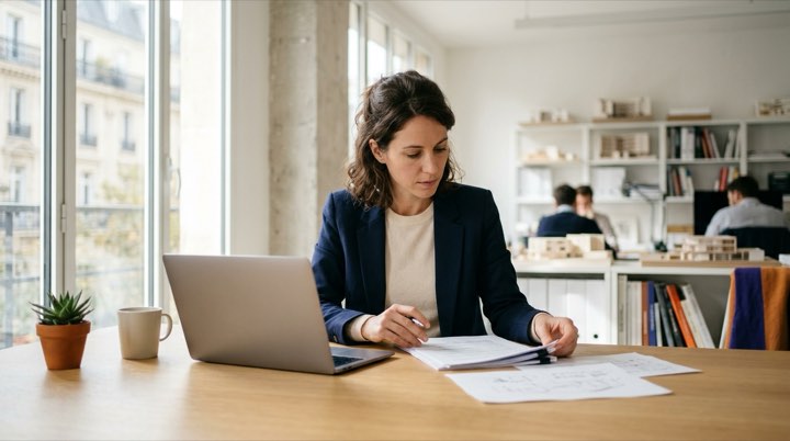 Professionnel d'agence de maîtrise d'œuvre au travail sur un poste de suivi financier de chantier dans un bureau lumineux