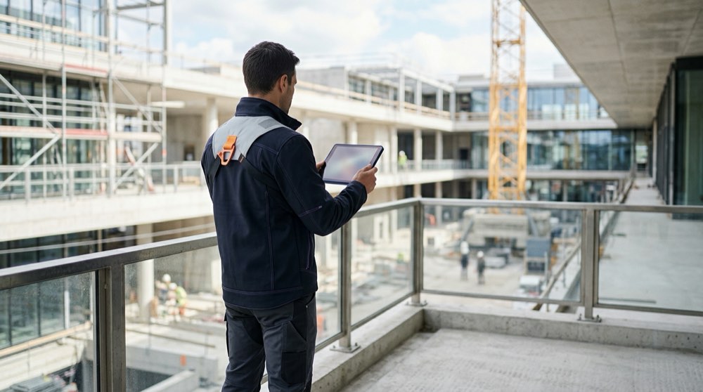 Maître d'œuvre consultant ses chantiers sur tablette depuis un chantier de construction moderne
