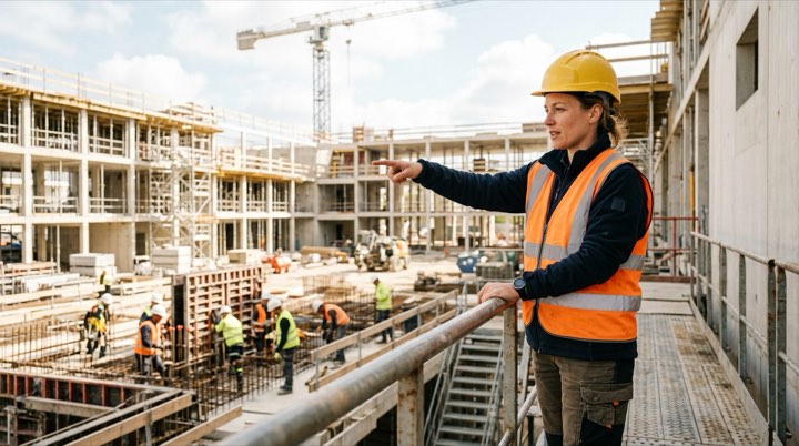 Coordinatrice OPC chantier en casque dirigeant une opération de construction active en maîtrise d'œuvre