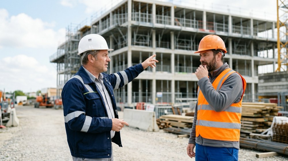 Deux responsables coordonnant l'ordonnancement d'un chantier sur site en maîtrise d'œuvre