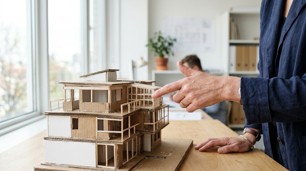 Architecte pointant une maquette de bâtiment sur un bureau, illustrant le calcul d'un certificat de paiement