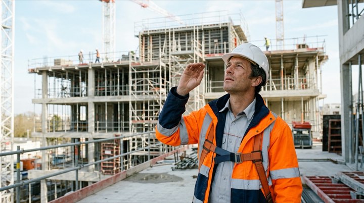 Maître d'œuvre vérifiant l'avancement d'un chantier avant d'établir le certificat de paiement