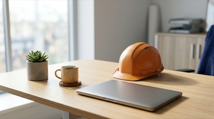 Tableau de suivi financier de chantier sur Excel gratuit, bureau de maître d'œuvre avec ordinateur et casque