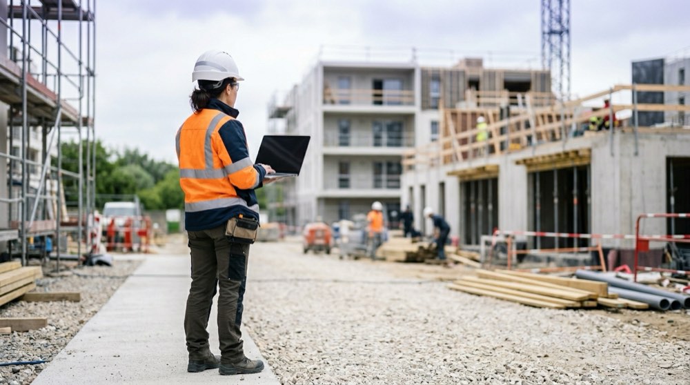 Maître d'œuvre sur chantier consultant le suivi financier sur un ordinateur portable