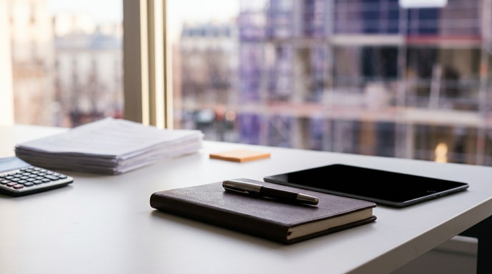Documents et tablette sur le bureau d'une agence pour structurer le suivi financier d'un chantier BTP